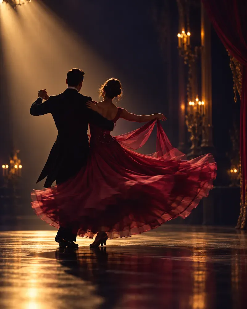 深紅のドレスでワルツを踊るペアのシルエット